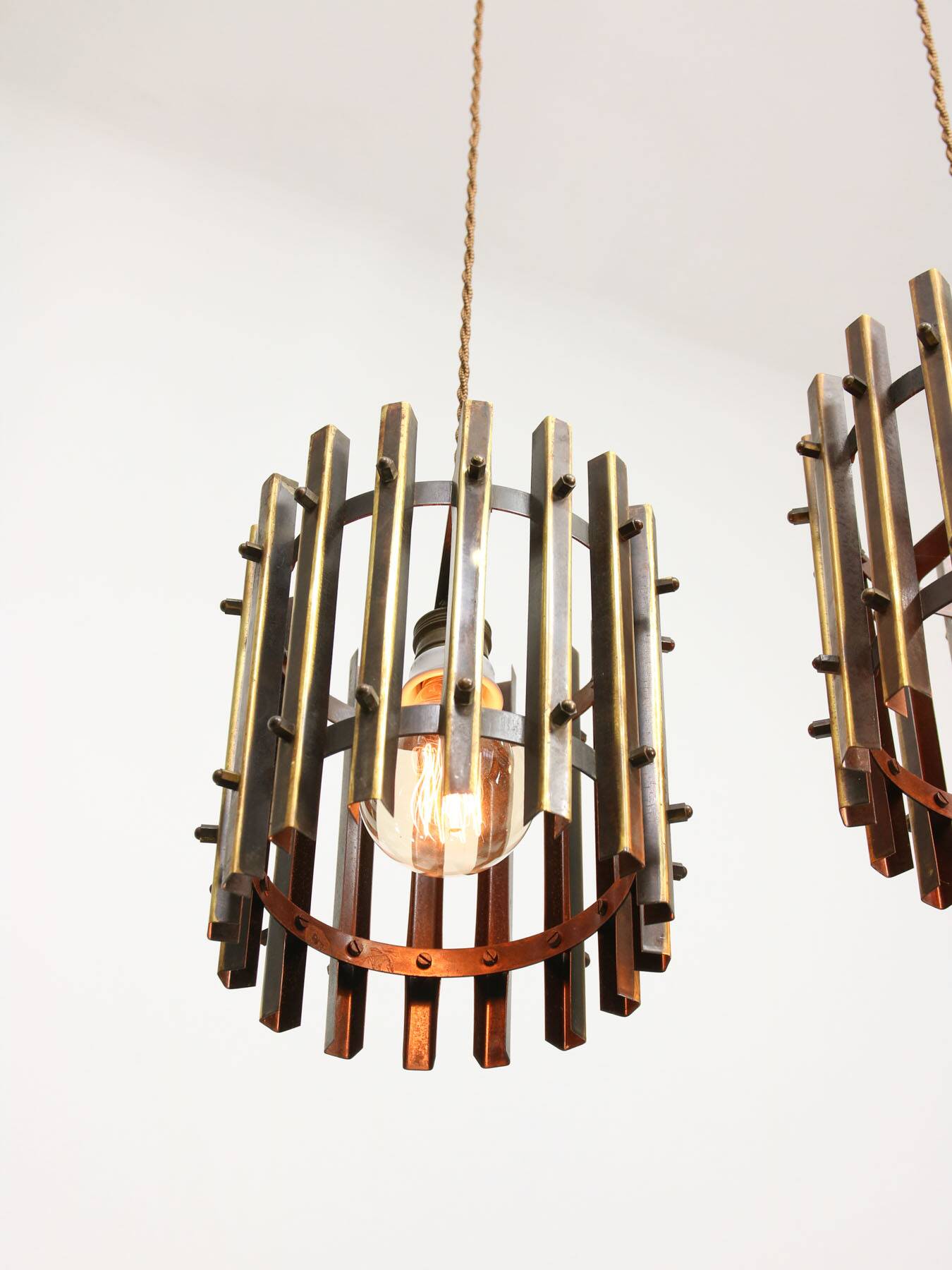 Vintage Italian Brass Cage Pendant Lamps, 1970s, set of 2