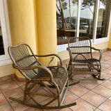 Pair of rocking-chairs in rattan 70s