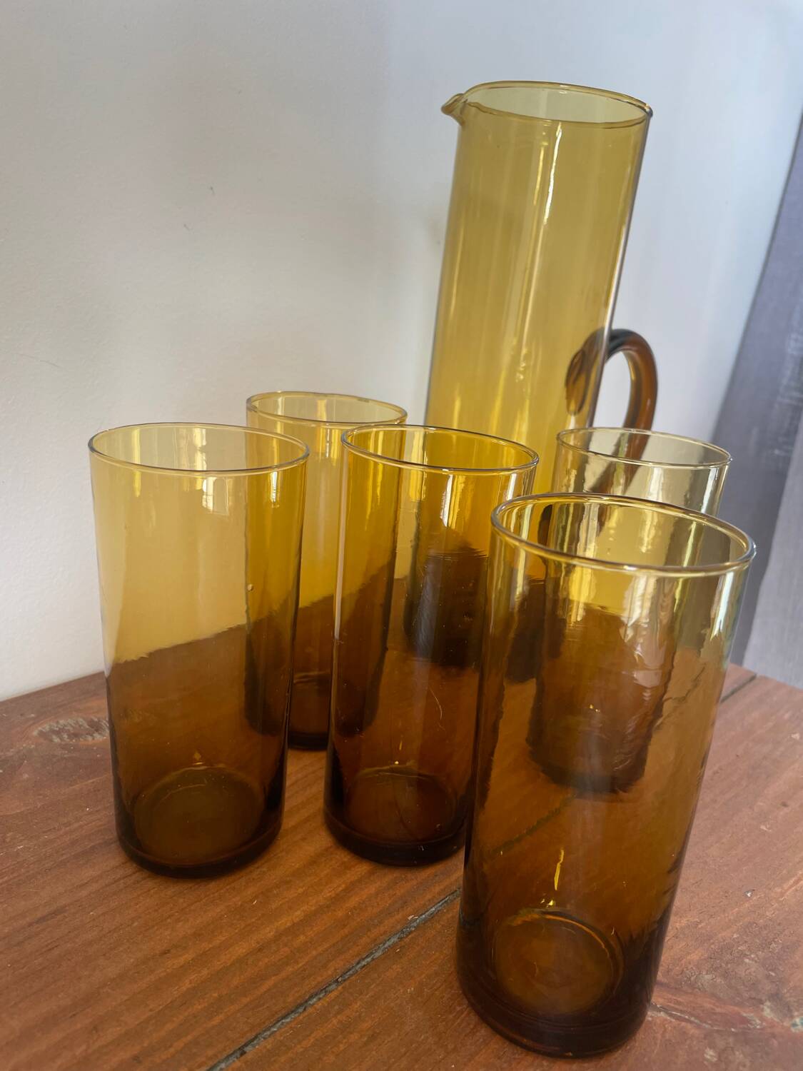 Amber blown glass orangeade service from the 1970s.