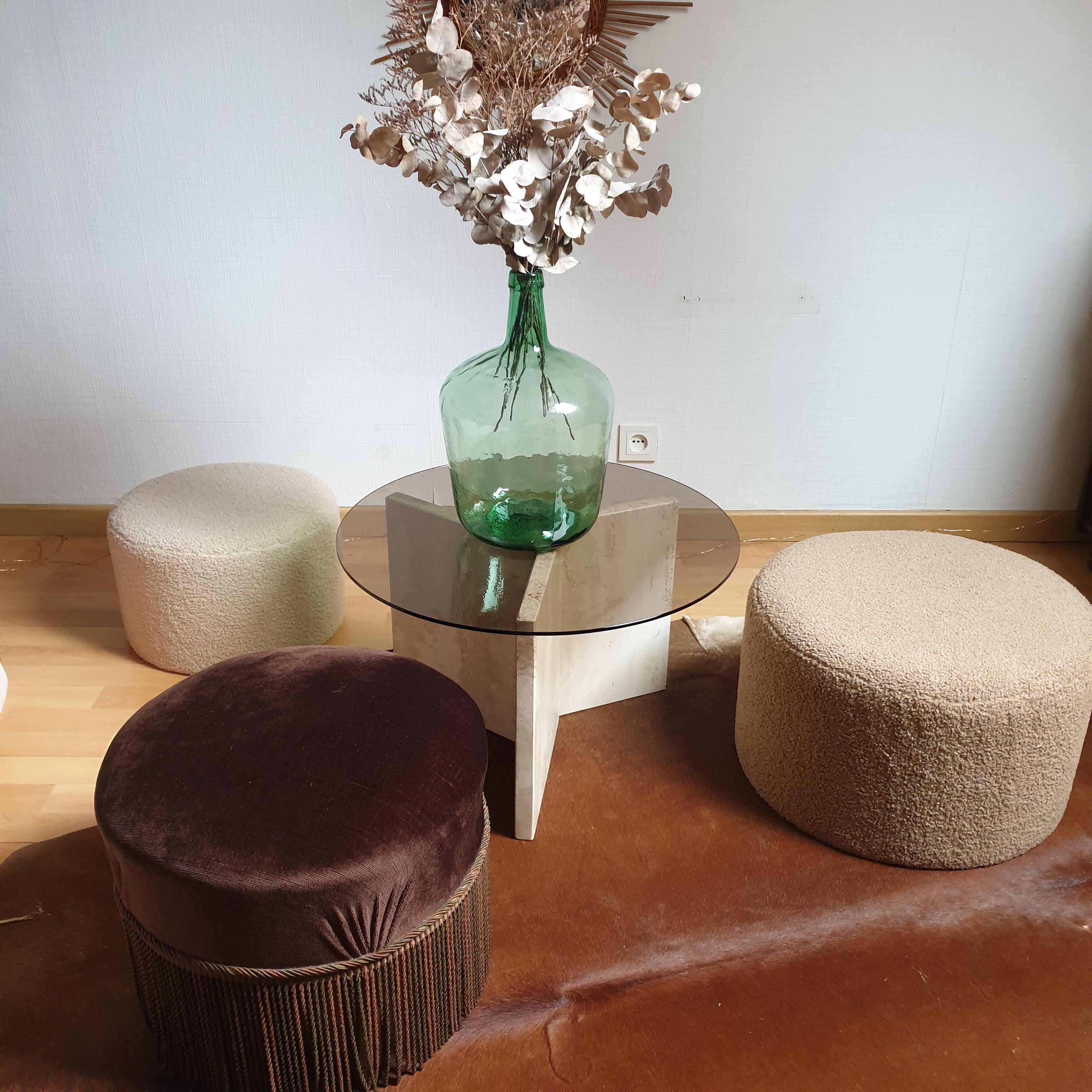 Pouf velours vintage à franges