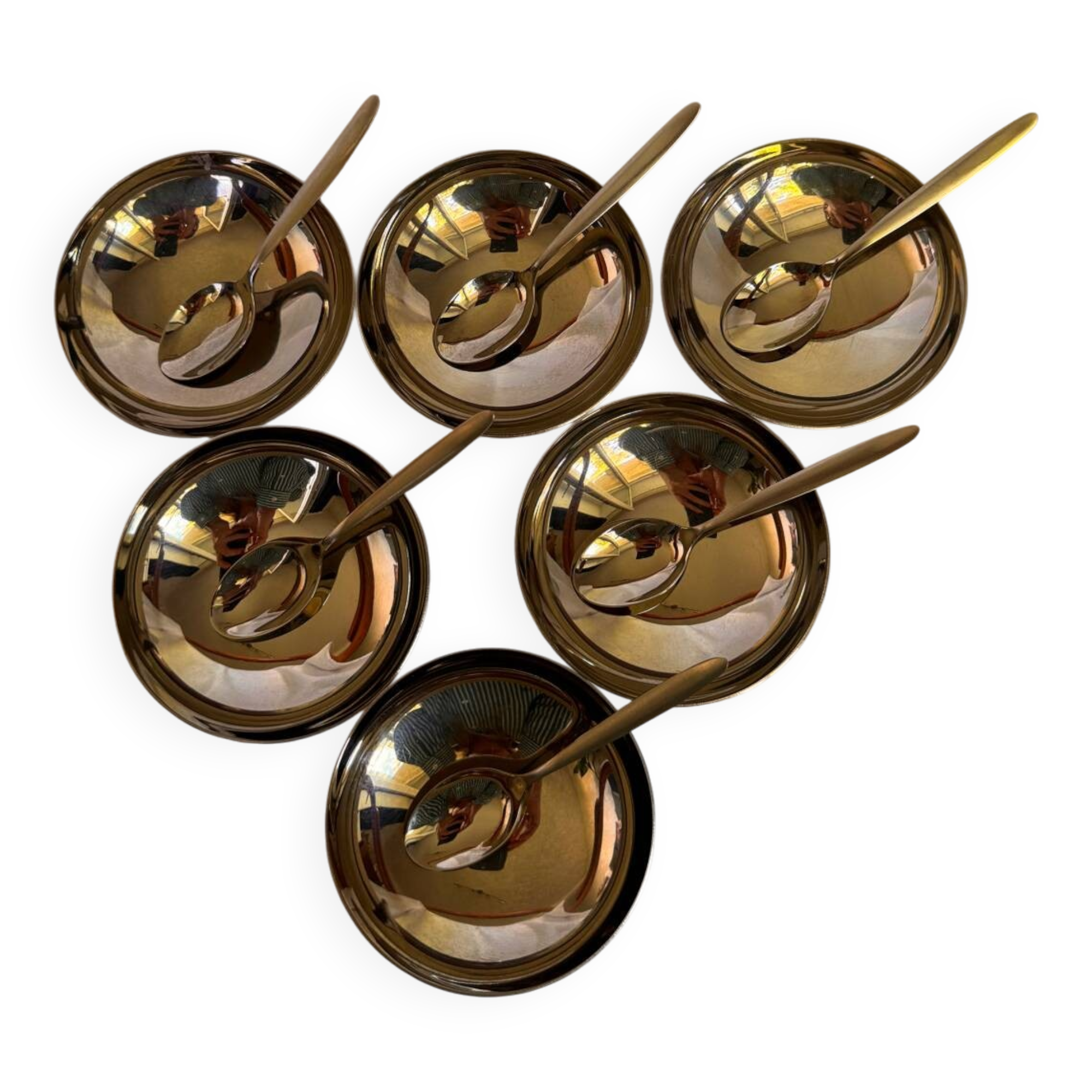 Set of 6 stainless steel ice cream bowls by Guy Degrenne with matching spoons.