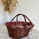Grand panier vintage rotin foncé double anses amovibles et doublure rouge motif tartan