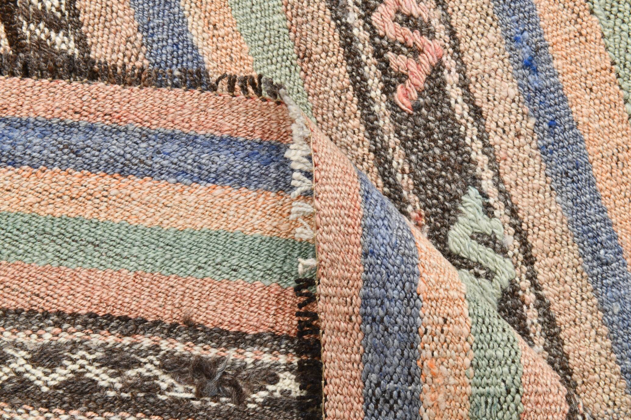 6x8 Green & Blue Striped Handmade Kilim Rug, 174x256Cm