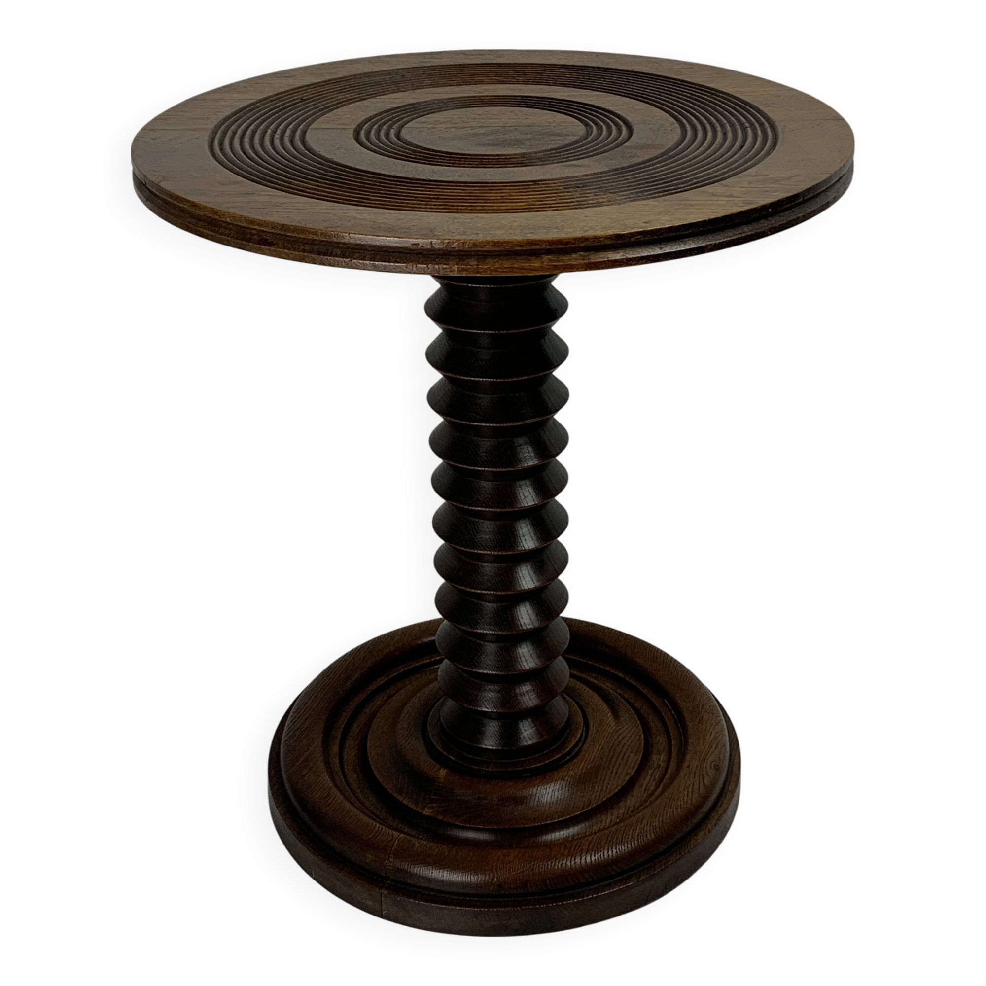 Brutalist Wood Turned Wine Press Side Table in the style of Charles Dudouyt