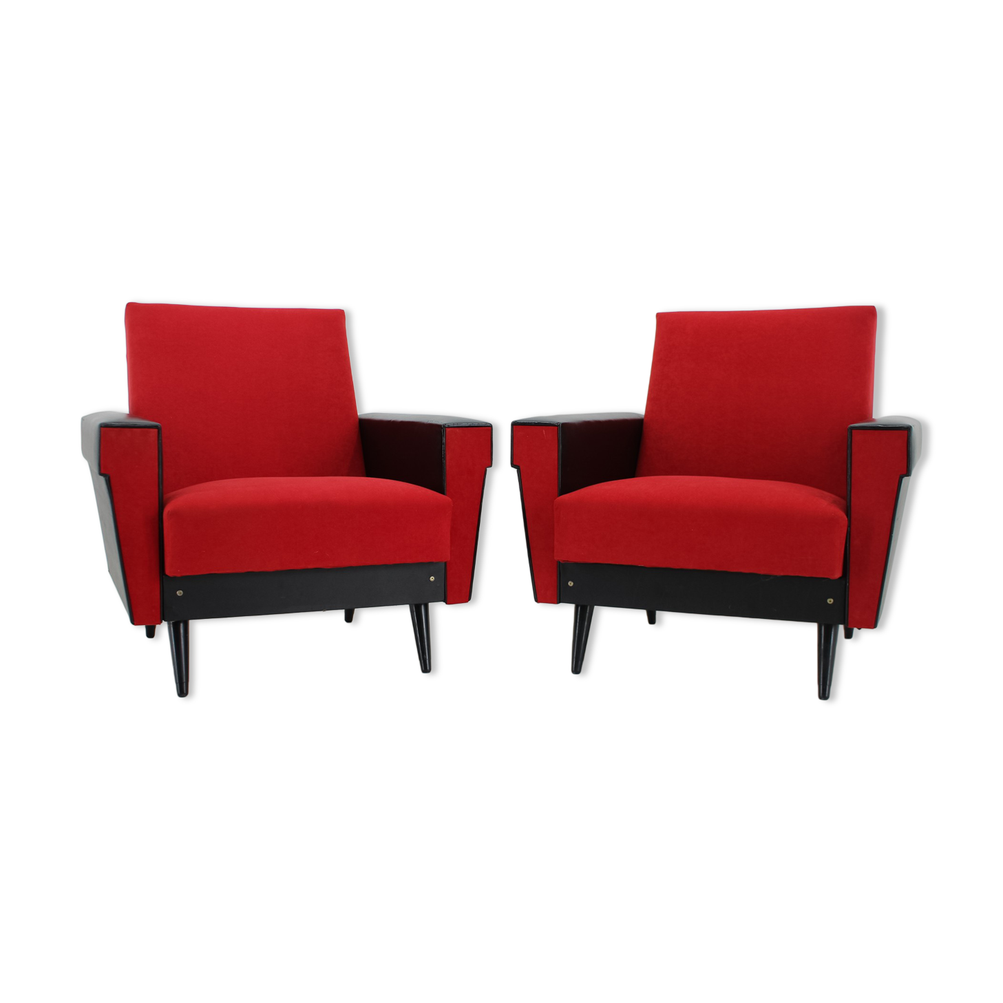 1970's pair of leatherette and red fabric armchairs, Czechoslovakia