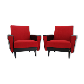 1970's pair of leatherette and red fabric armchairs, Czechoslovakia
