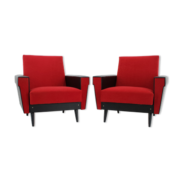 Paire de fauteuils en similicuir et en tissu rouge des années 1970, Tchécoslovaquie