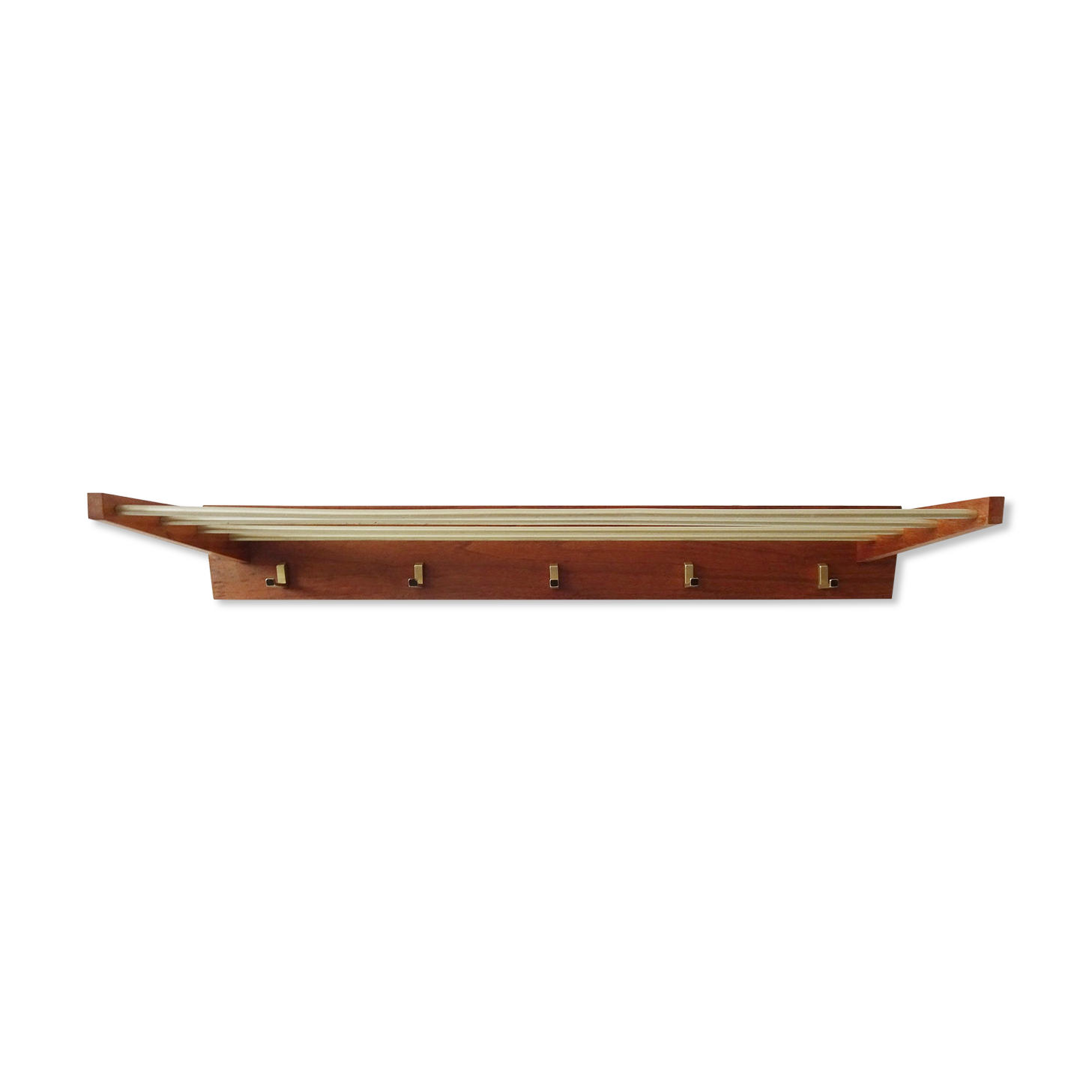 Wall coat rack with hat rack made of teak and gold metal,