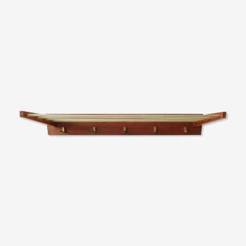 Wall coat rack with hat rack made of teak and gold metal,