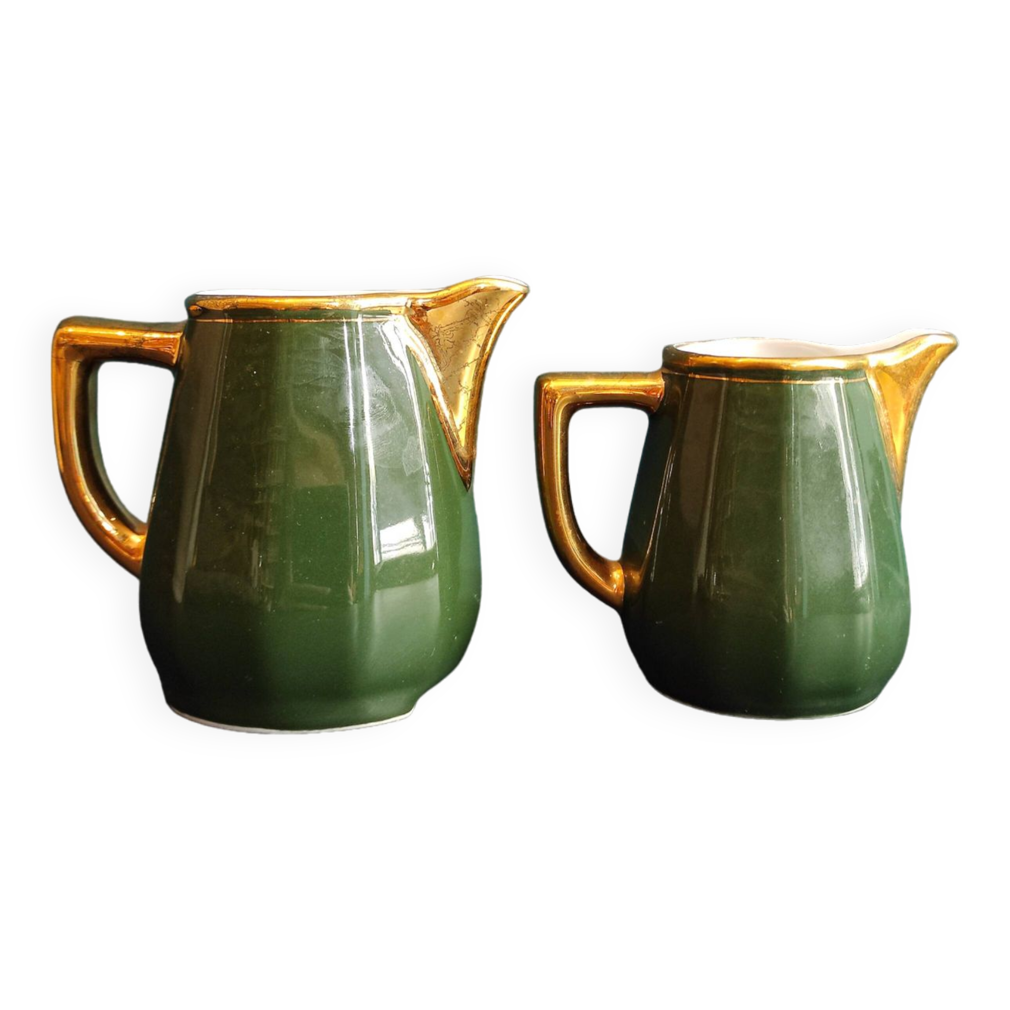 Set of two vintage French milk jugs in green and gold, Manuguet, Tarbes Lourdes