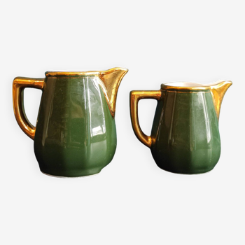 Set of two vintage French milk jugs in green and gold, Manuguet, Tarbes Lourdes