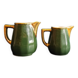 Set of two vintage French milk jugs in green and gold, Manuguet, Tarbes Lourdes