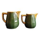 Set of two vintage French milk jugs in green and gold, Manuguet, Tarbes Lourdes