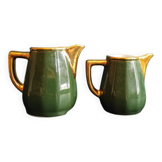 Set of two vintage French milk jugs in green and gold, Manuguet, Tarbes Lourdes