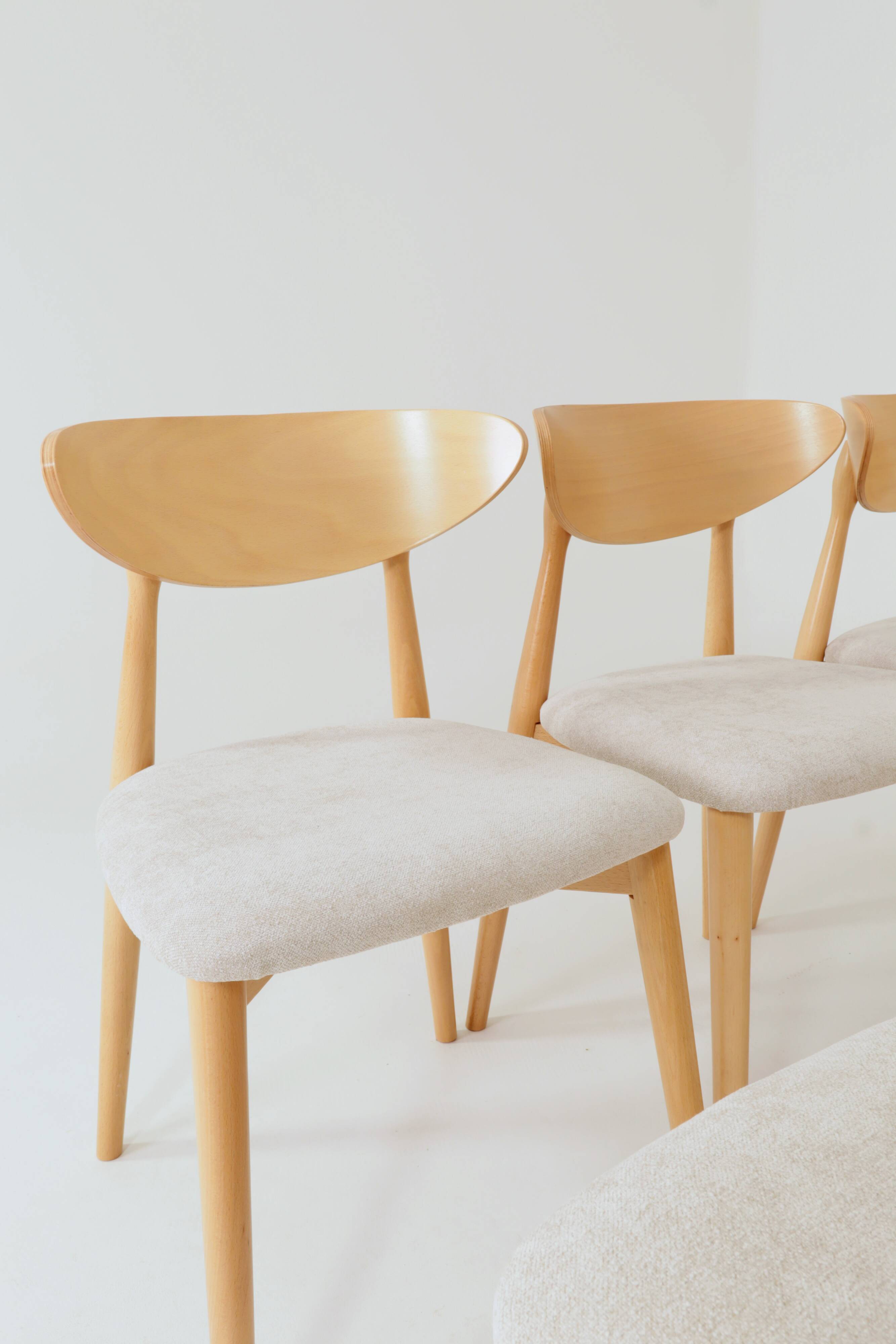 Ensemble moderne de 6 chaises de salle à manger, tissu écru et bois de hêtre naturel