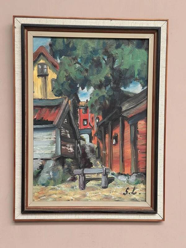 Original oil on panel “Red cottages” by Ingrid Larsblad, vintage & framed 30×40cm