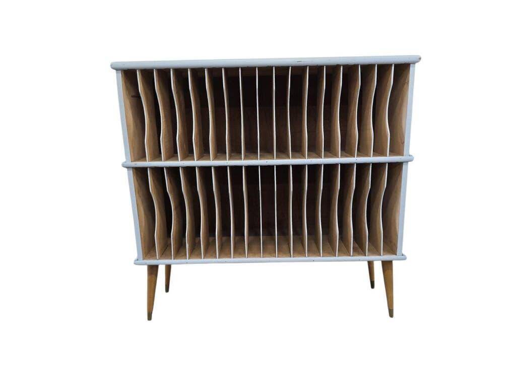 Vintage mint blue wooden display cabinet / storage system for vinyl records