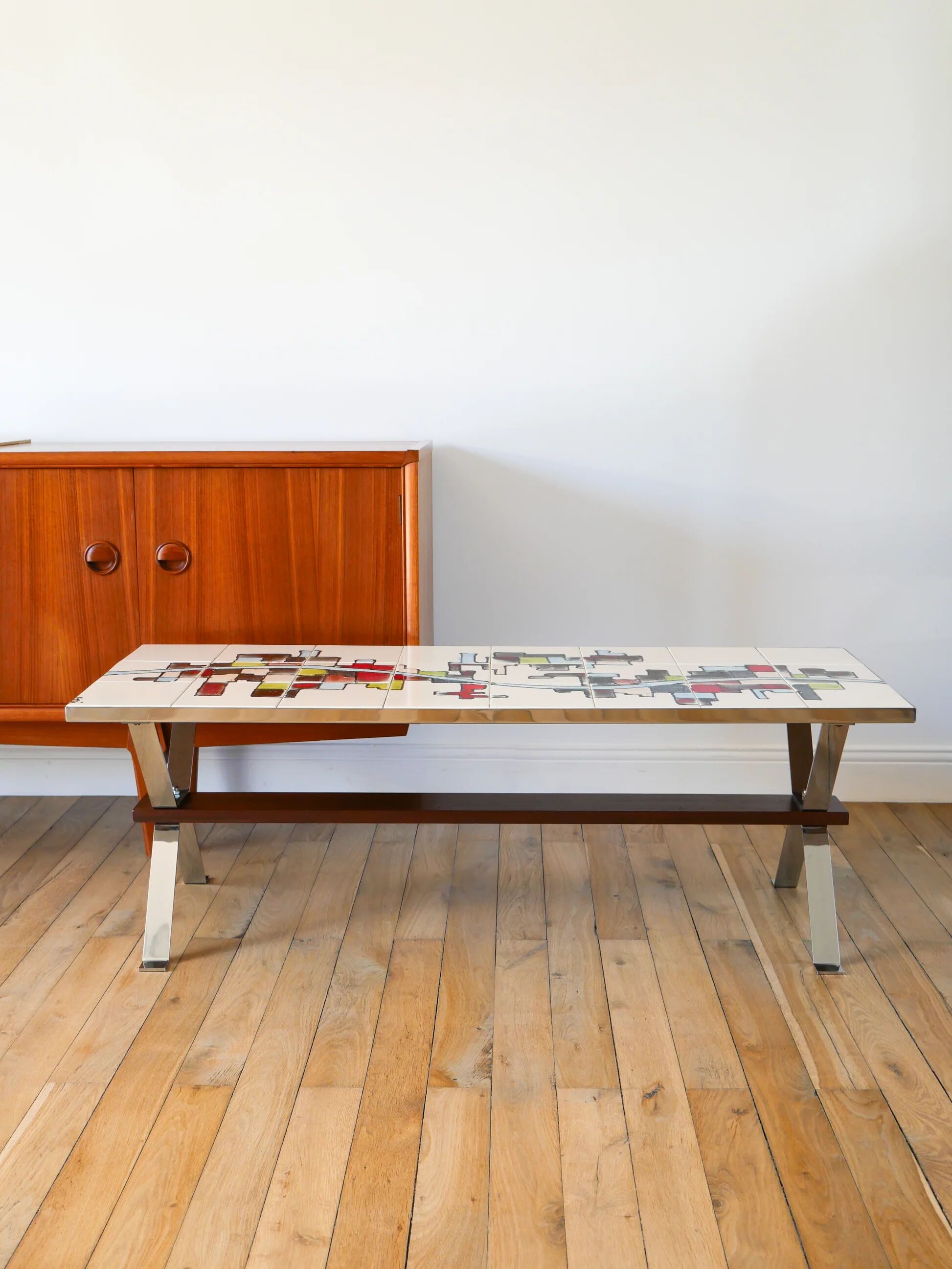 Ceramic coffee table, chrome and teak legs, Space Age, signed, 1970.