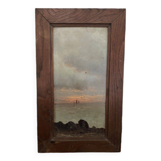Oil on panel signed rocky coast boats early 20th century