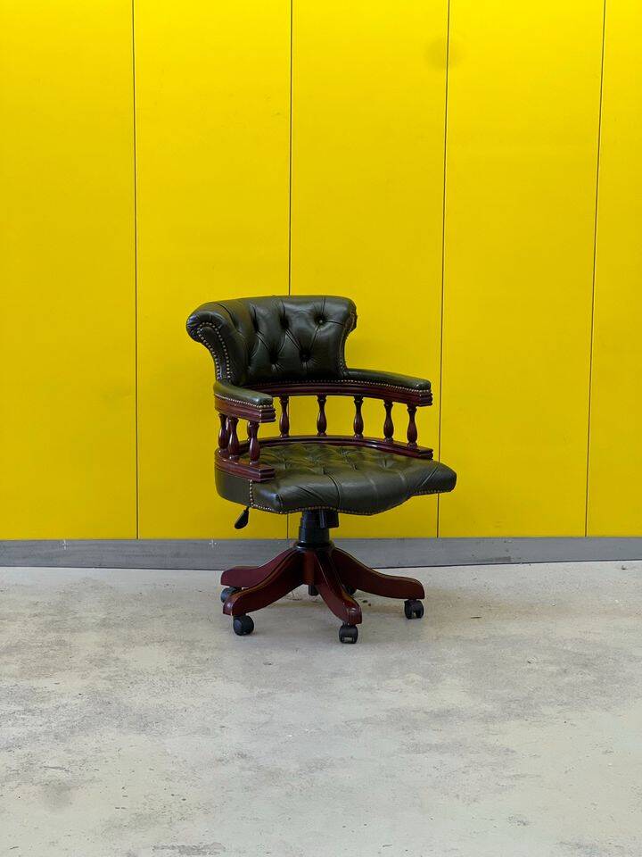 Chesterfield Revolving Captain's Chair with Green Leather Upholstery