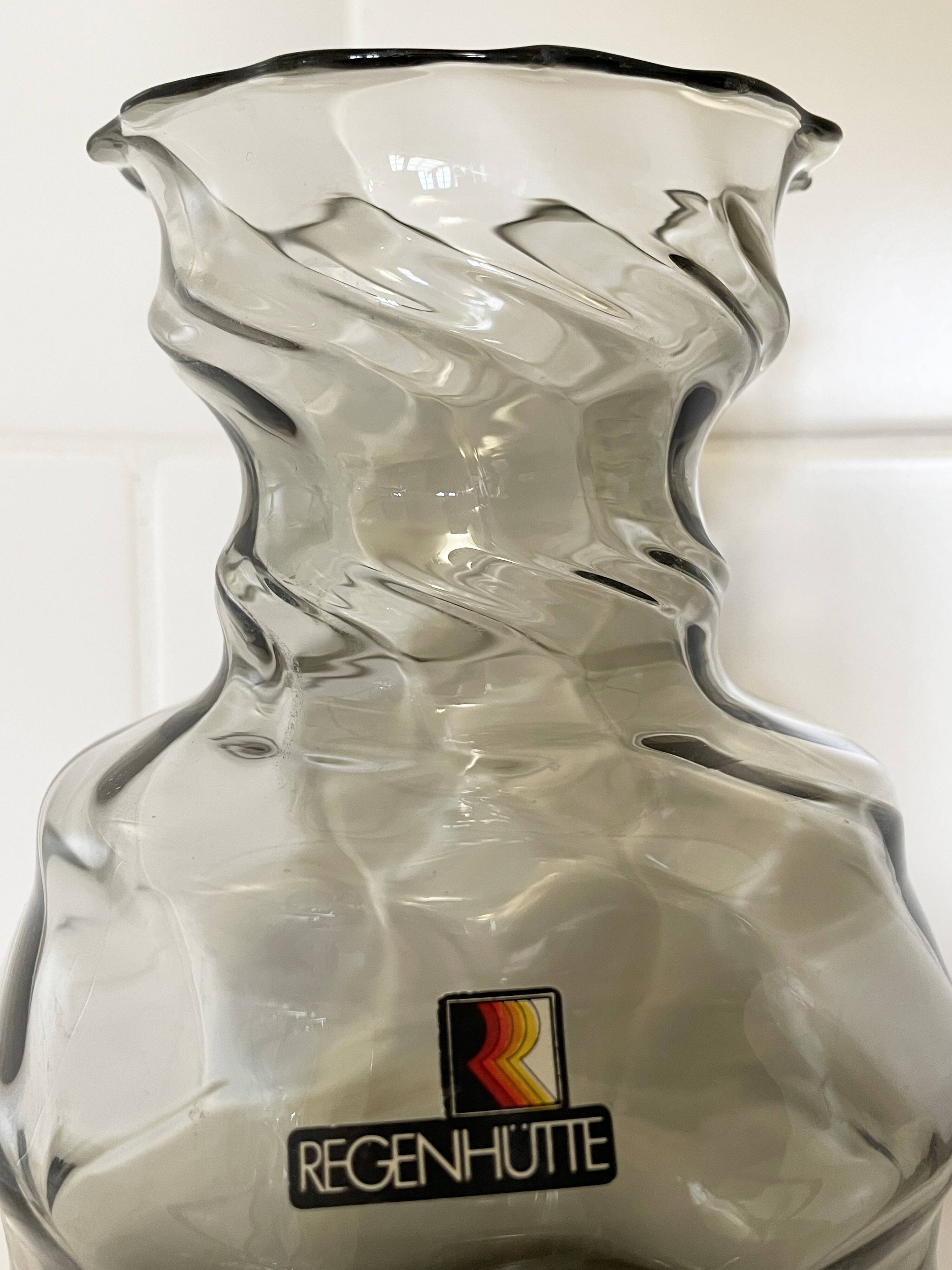 Smoky Gray Regenhütte Vase with Swirled Ribbing, German Handblown Glass