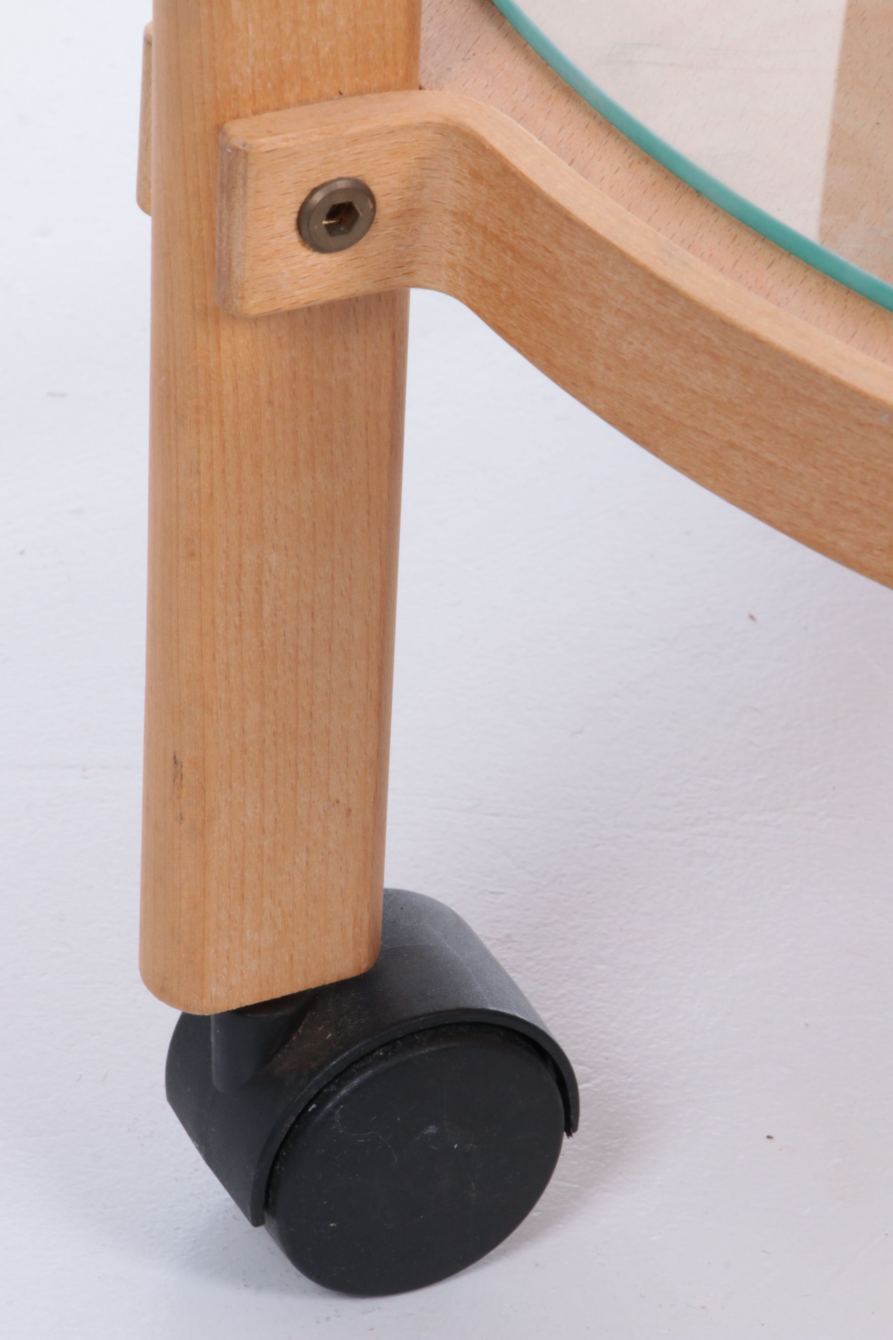 Scandinavian wooden trolley with glass plates and wheels 1970