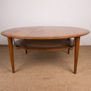 Round coffee table, two levels, danish in teak, brass and cannage