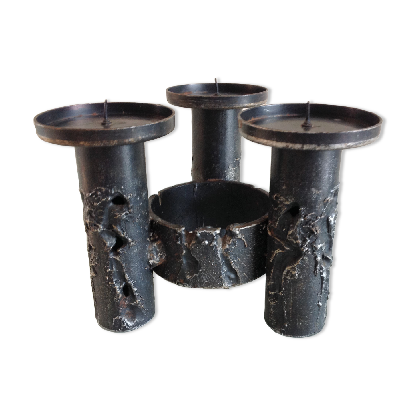 Brutalist candle holder tripod in black metal / vintage 60s-70s