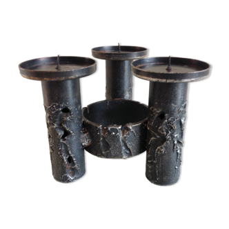 Brutalist candle holder tripod in black metal / vintage 60s-70s