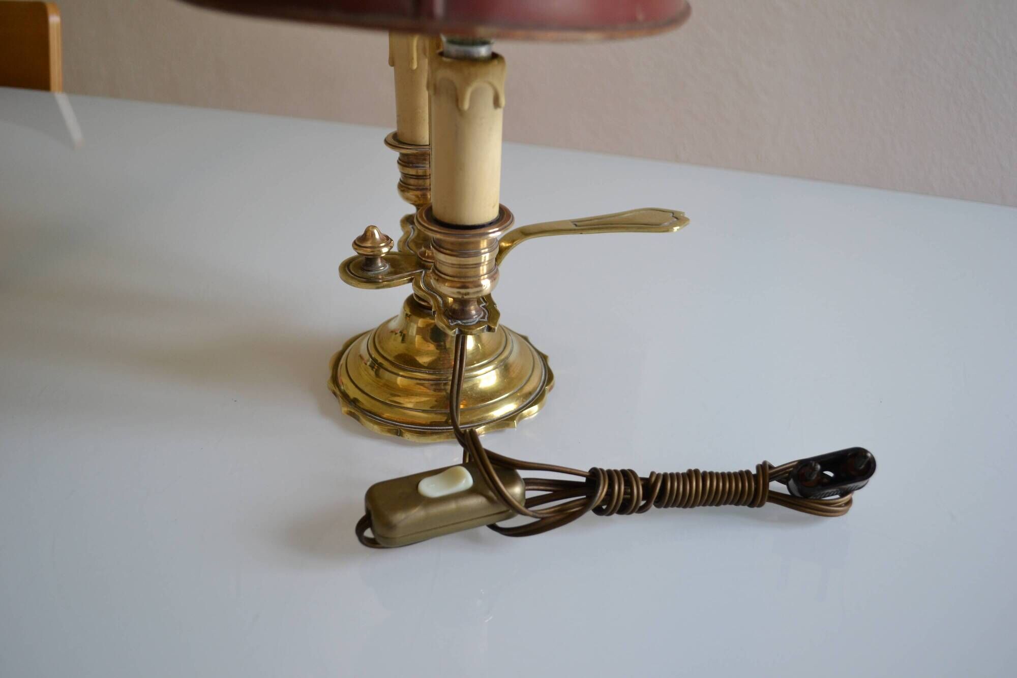 hot water bottle lamp with 2 bronze lights and burgundy sheet metal lampshade