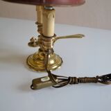hot water bottle lamp with 2 bronze lights and burgundy sheet metal lampshade