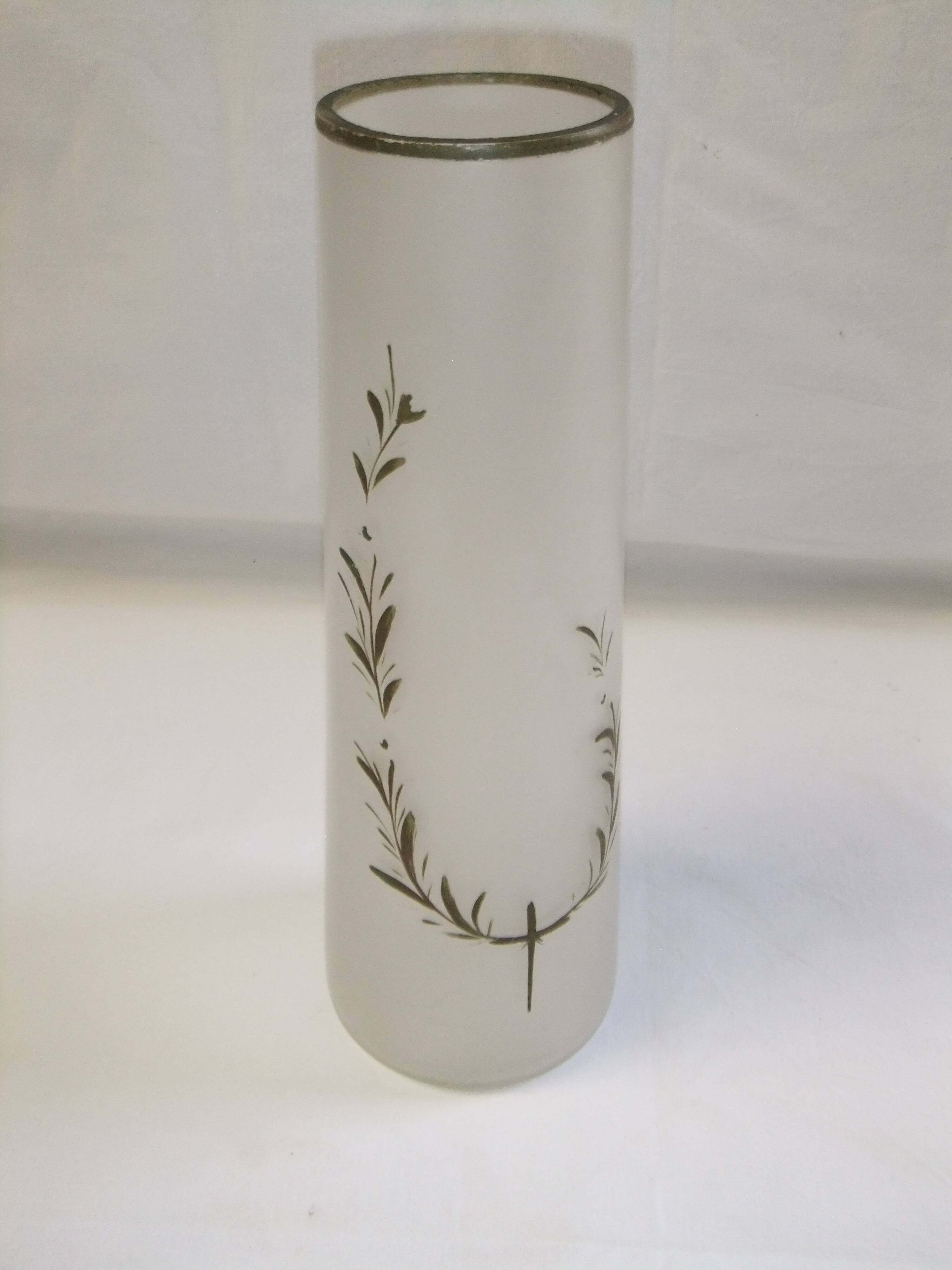 Old art nouveau vase frosted glass cylinder leaf decoration