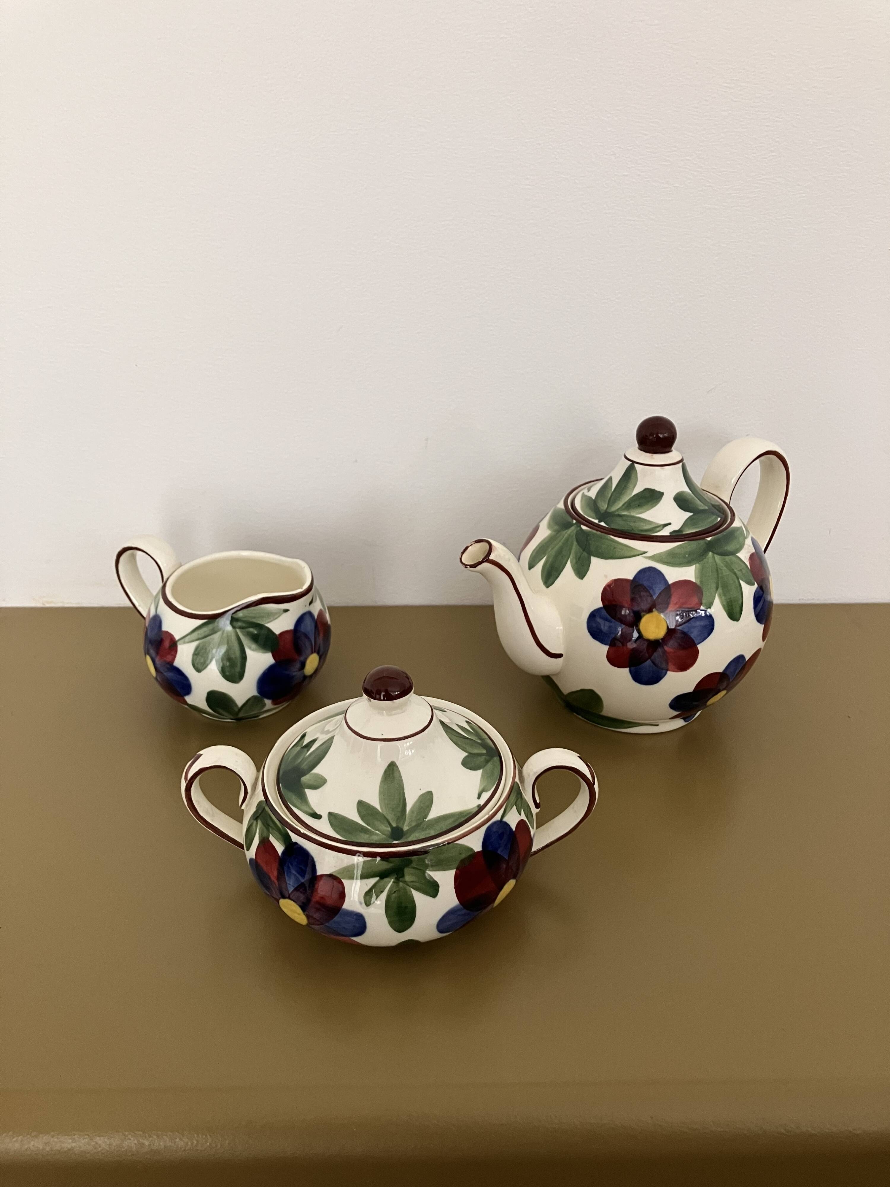 Schramberg teapot with sugar bowl and milk jug with hand-painted floral motif