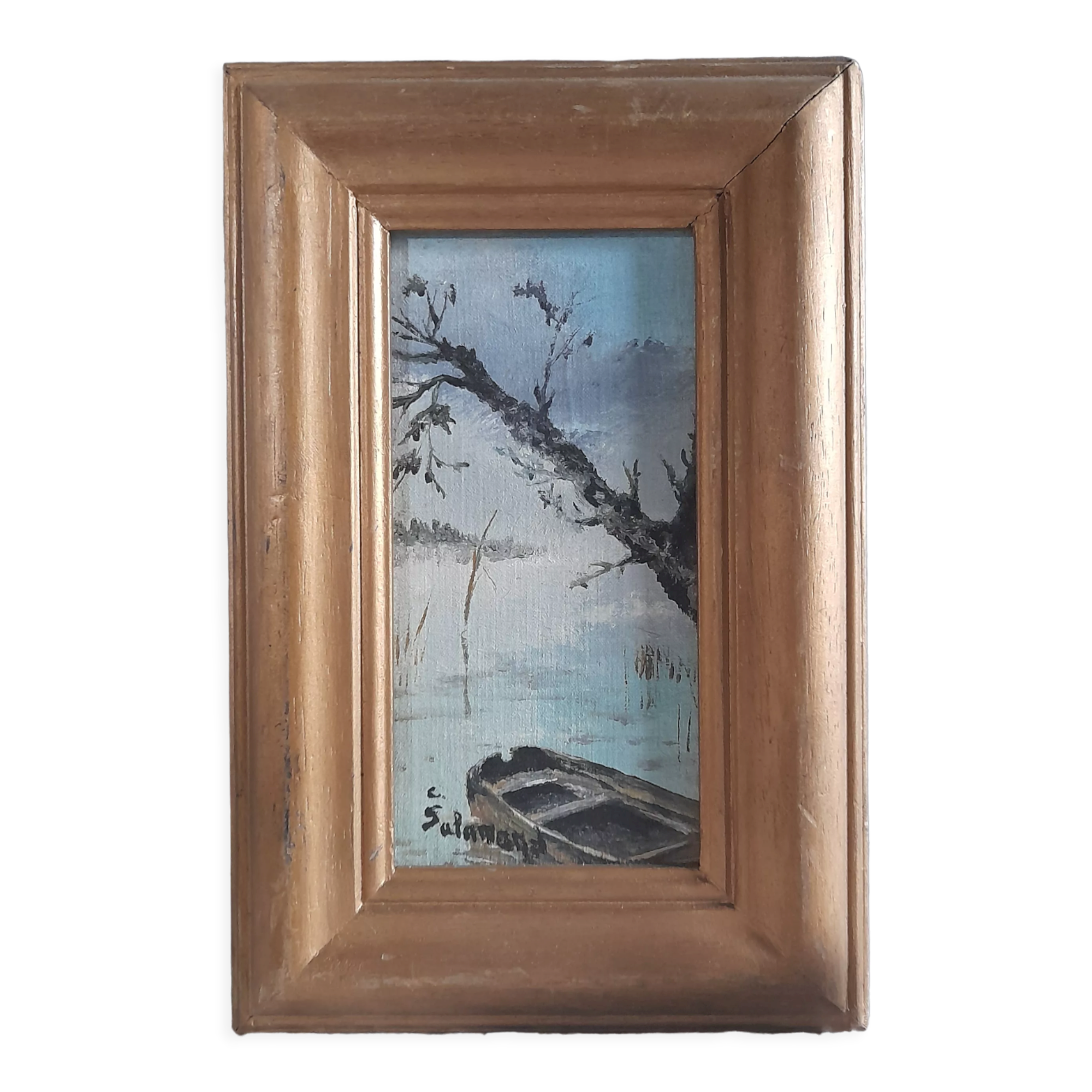Oil painting boat on river, mist, tree, gilded wood frame 15.5x23.5 cm, signed