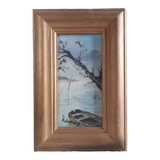 Oil painting boat on river, mist, tree, gilded wood frame 15.5x23.5 cm, signed
