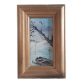 Peinture à l'huile barque sur rivière, brume, arbre, encadrement bois doré 15,5x23,5 cm, signé