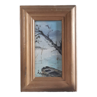 Oil painting boat on river, mist, tree, gilded wood frame 15.5x23.5 cm, signed