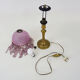 Table lamp, bedside lamp, speckled pink globe and glass and wood beads. Year 60