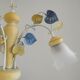 Vintage French 3 Light Chandelier with Blue & Yellow Leaf Glass Shades 5064