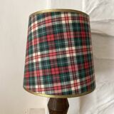Turned wooden lamp, tartan lampshade.