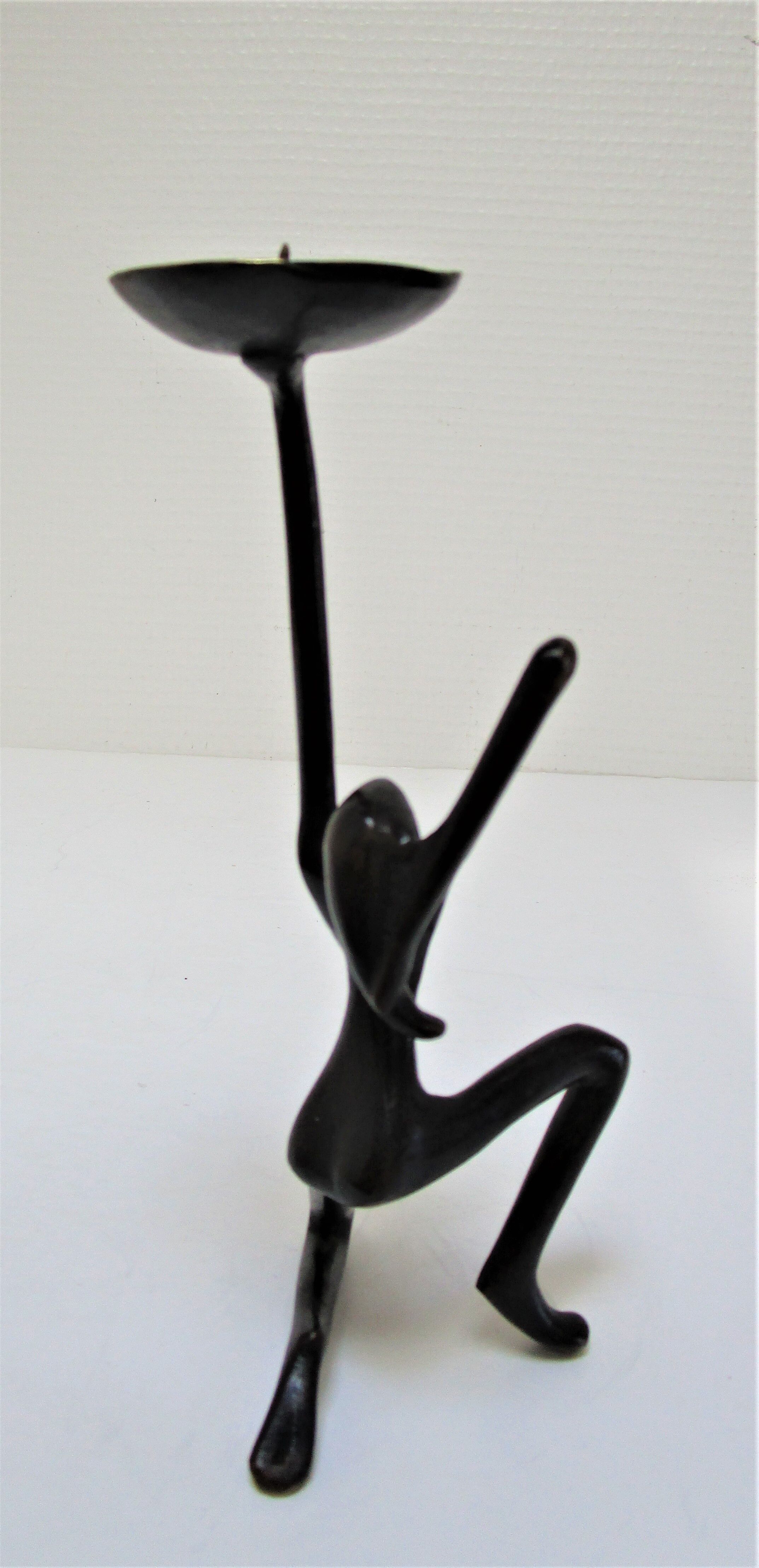 Sculptural candlestick anthropomorphic bronze blackened with woman's figure 70s