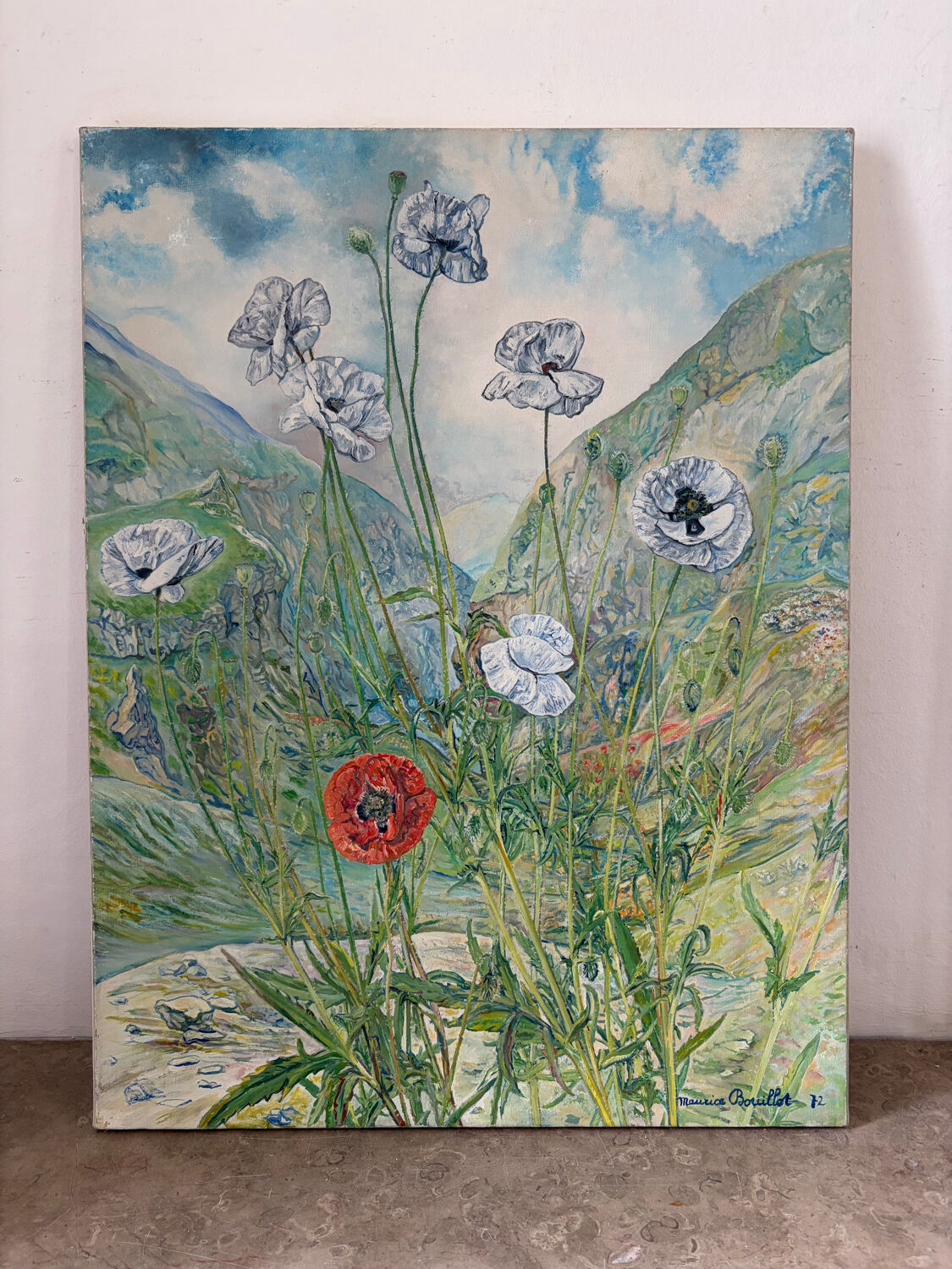 The foot of white poppies, signed Maurice Bouillot 1972