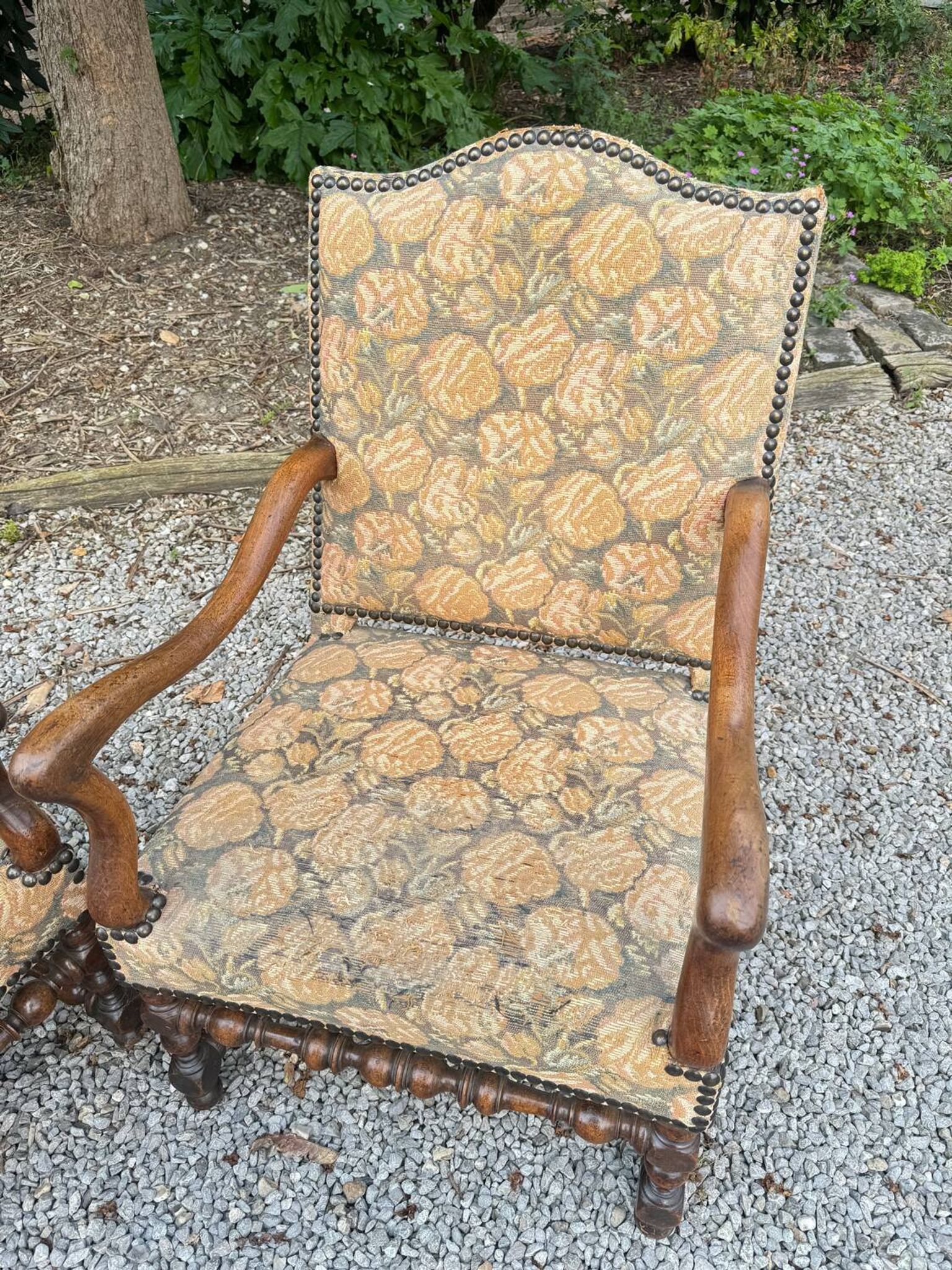 Pair of louis xiv period walnut armchairs, 17th century