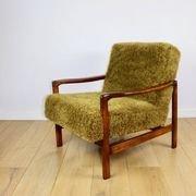 Wooden vintage brown armchair Khaki / Olive long hair Fox by Z. Bączyk - 2 pieces available