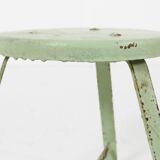 Industrial green painted stool with steel base and wooden top, France 1930s