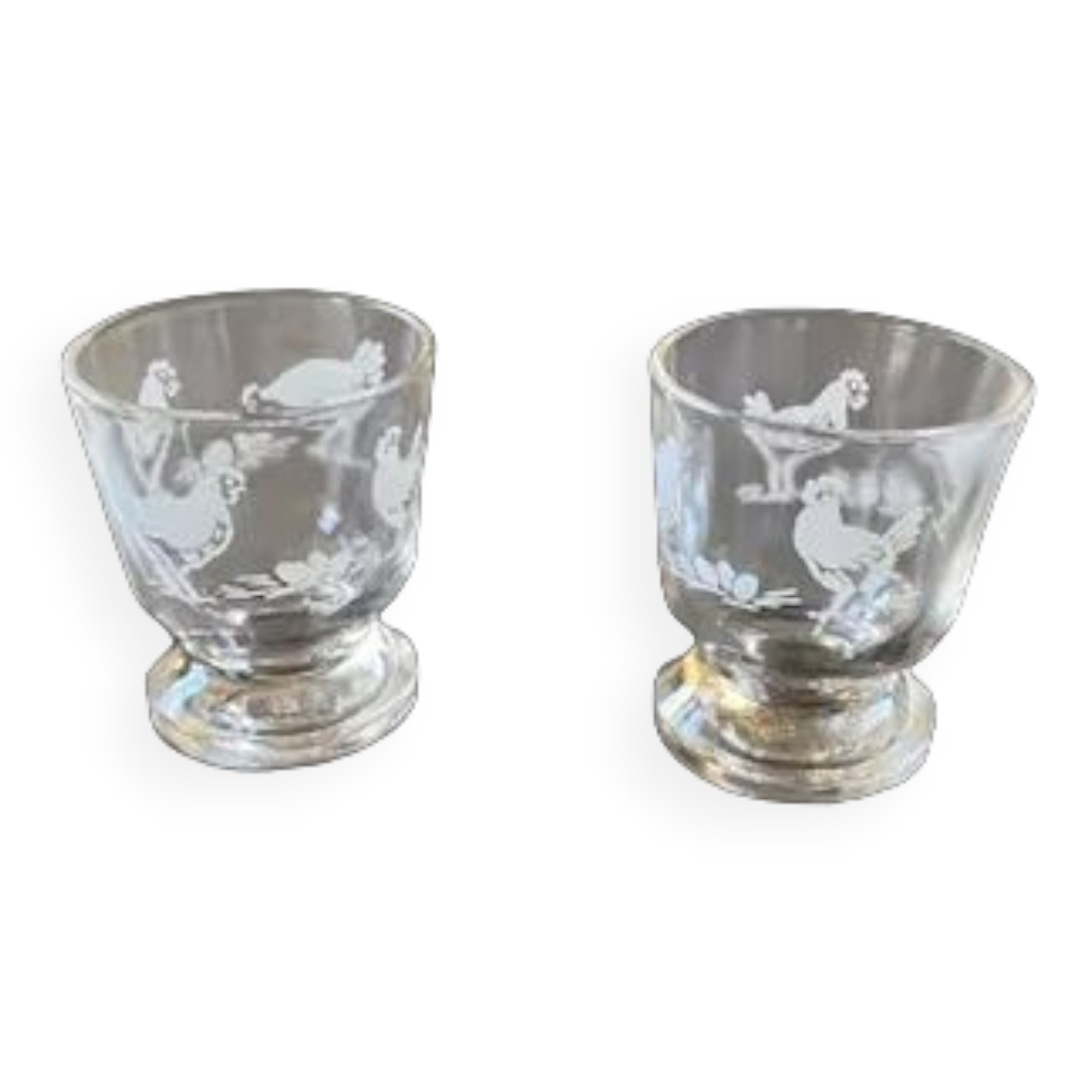 Set of 2 shells in transparent molded glass and decoration hen rooster and vintage chicks