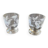 Set of 2 shells in transparent molded glass and decoration hen rooster and vintage chicks