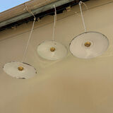 Trio of vintage suspension in green and white enamelled sheet metal indus old farm