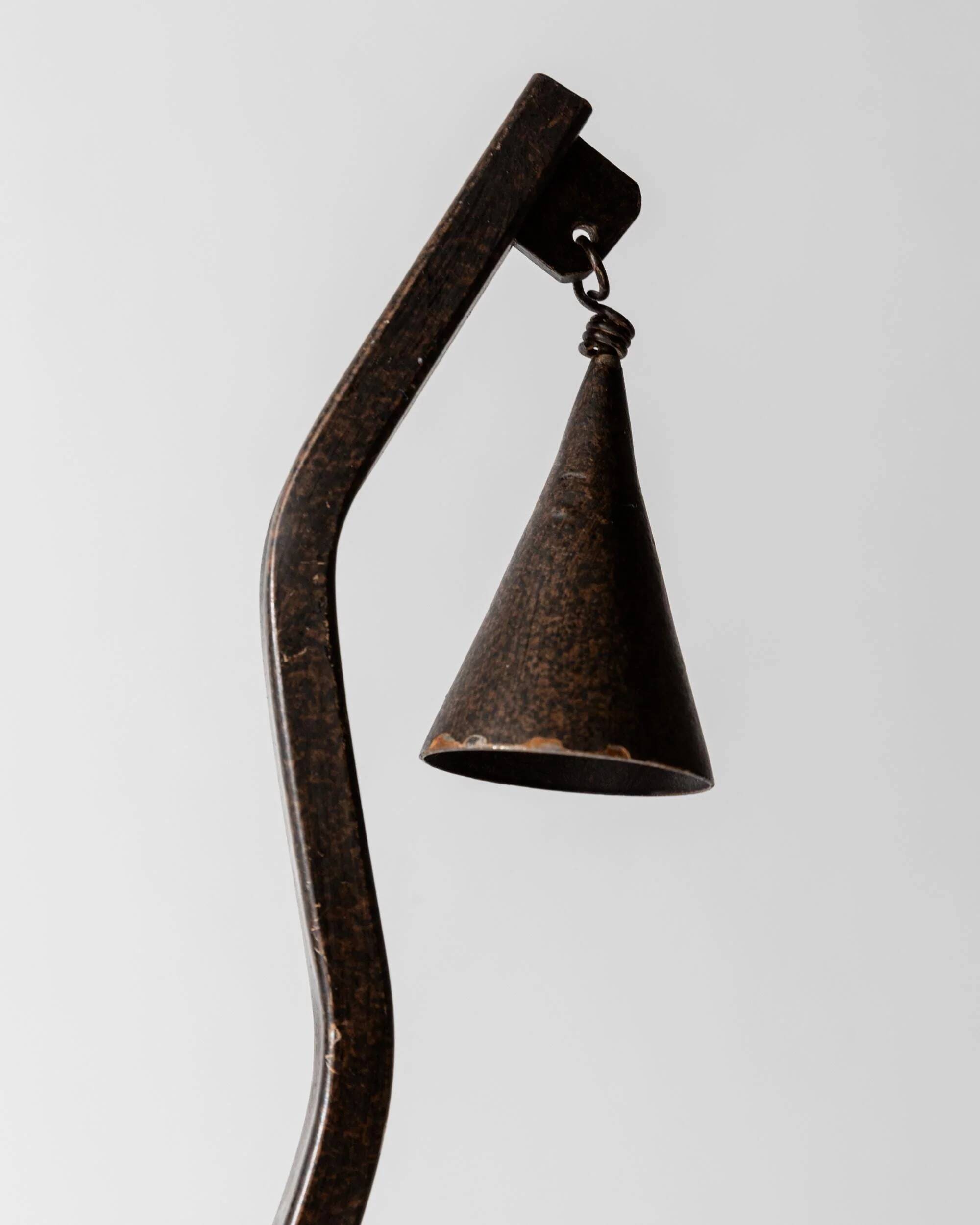 Vintage wrought iron candlestick from the 1960s, zigzag design with removable snuffer.