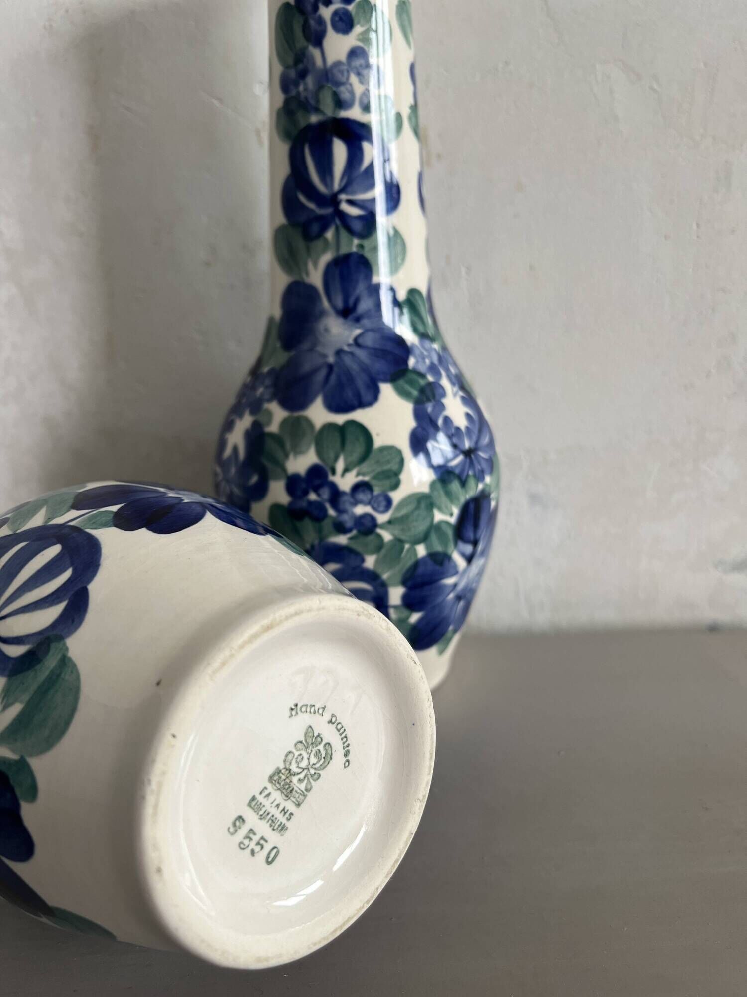Lot of large Polish ceramic vases with hand-painted blue floral decoration